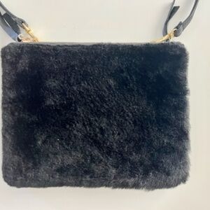 Clare V. Double Sac Bretelle Black shearling and leather crossbody bag